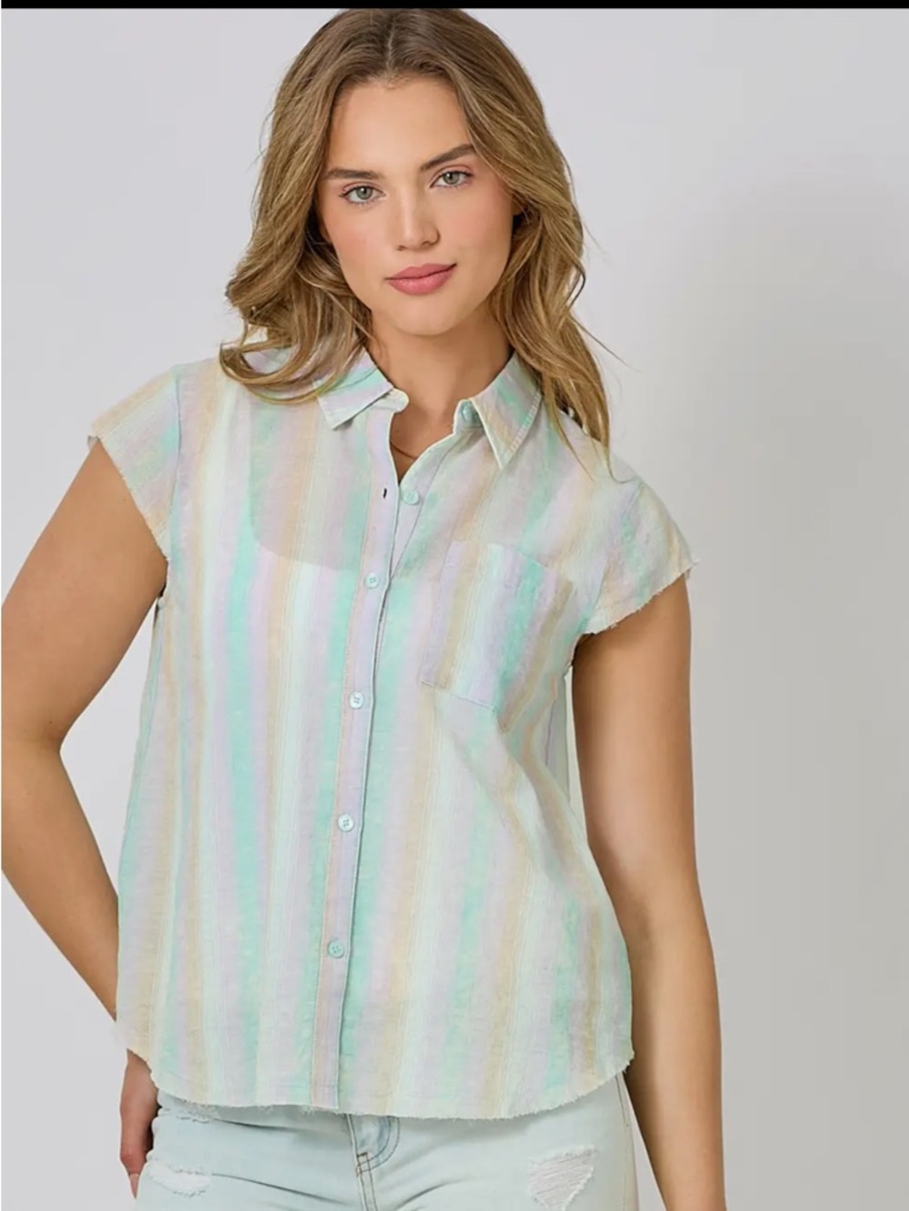2014. Rainbow striped cap sleeve airy button down